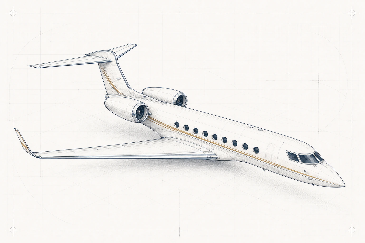 Technical drawing of a Gulfstream G650 business jet